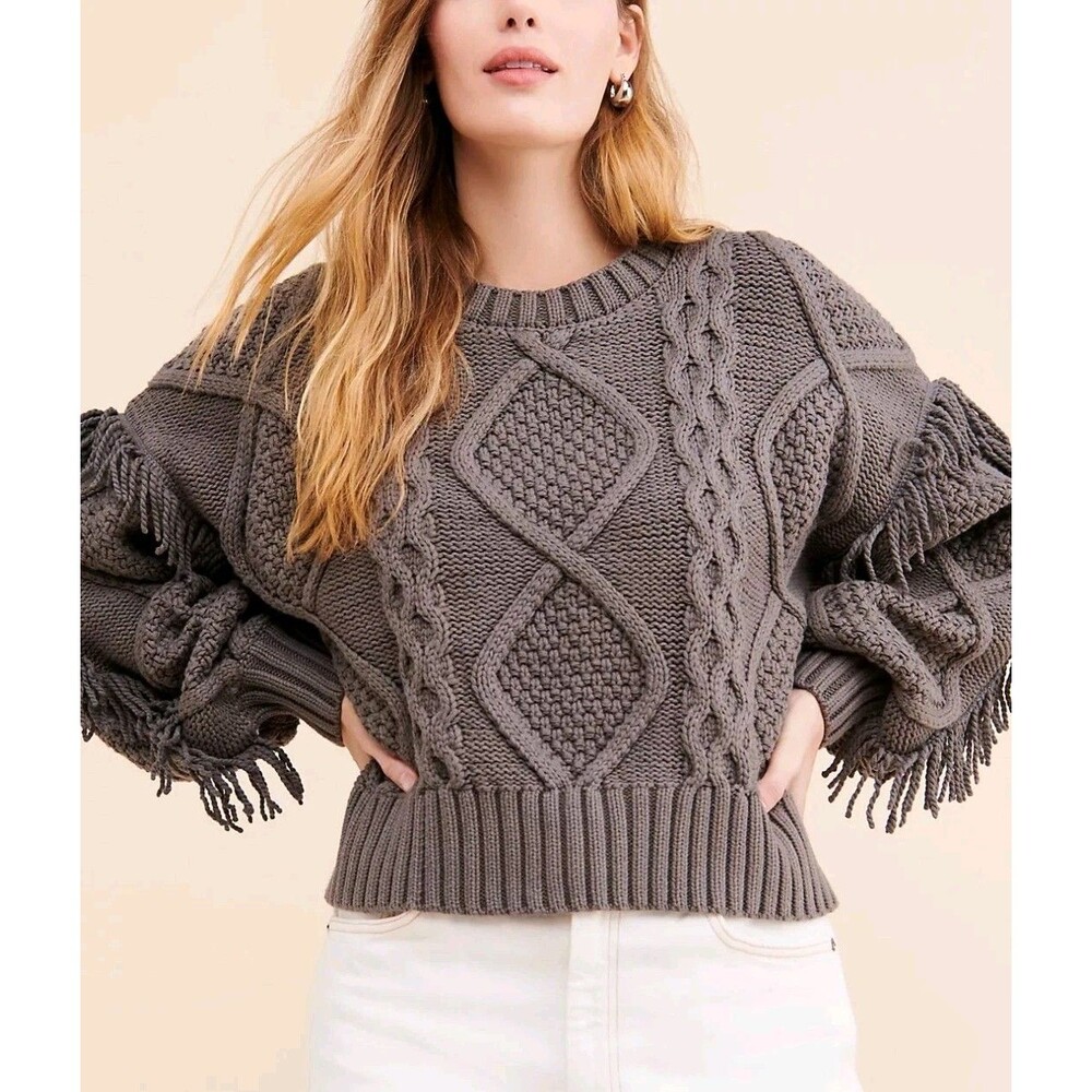 NWT $118 ANTHROPOLOGIE  LINE & DOT Charcoal Gray Cable Knit Sweater Fringe Small